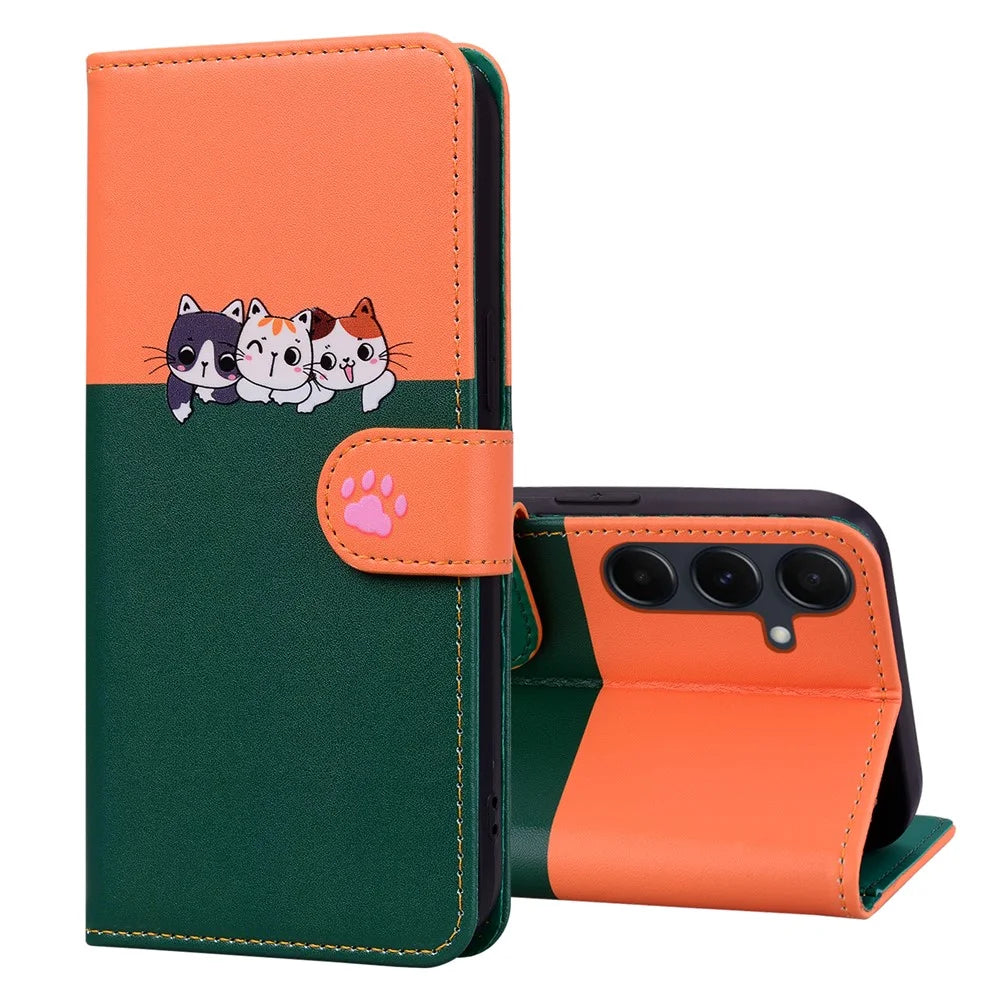 Cartoon Pet Series for Samsung Galaxy A55 5G Wallet Case Splicing Leather Phone Cover - Blackish Green - 5
