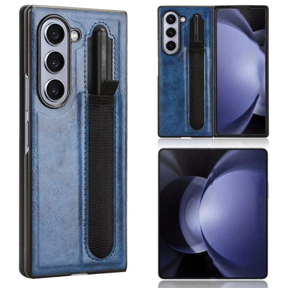 For Samsung Galaxy Z Fold6 5G Case Retro Leather Coated PC Phone Cover with Pens Slot - Blue - 1