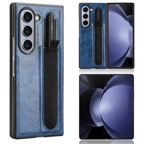 For Samsung Galaxy Z Fold6 5G Case Retro Leather Coated PC Phone Cover with Pens Slot - Blue - 1