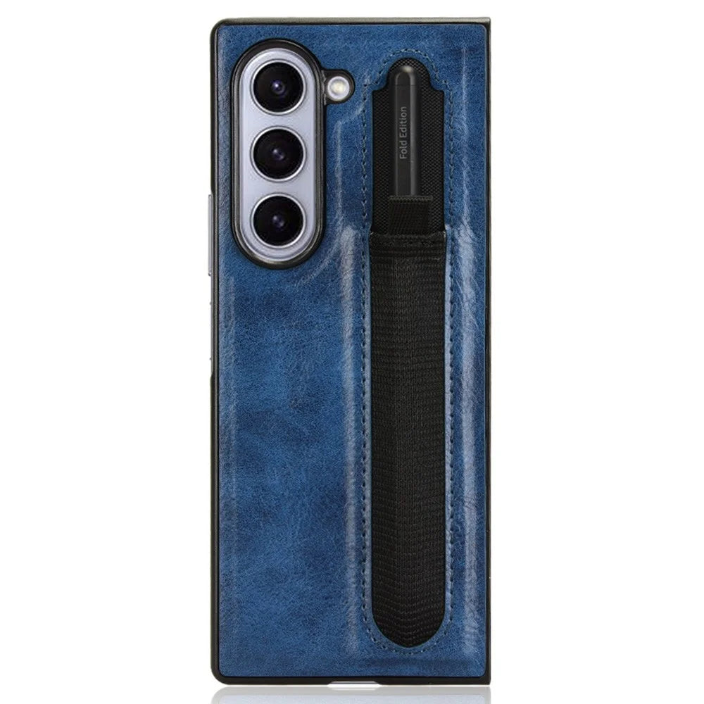 For Samsung Galaxy Z Fold6 5G Case Retro Leather Coated PC Phone Cover with Pens Slot - Blue - 2