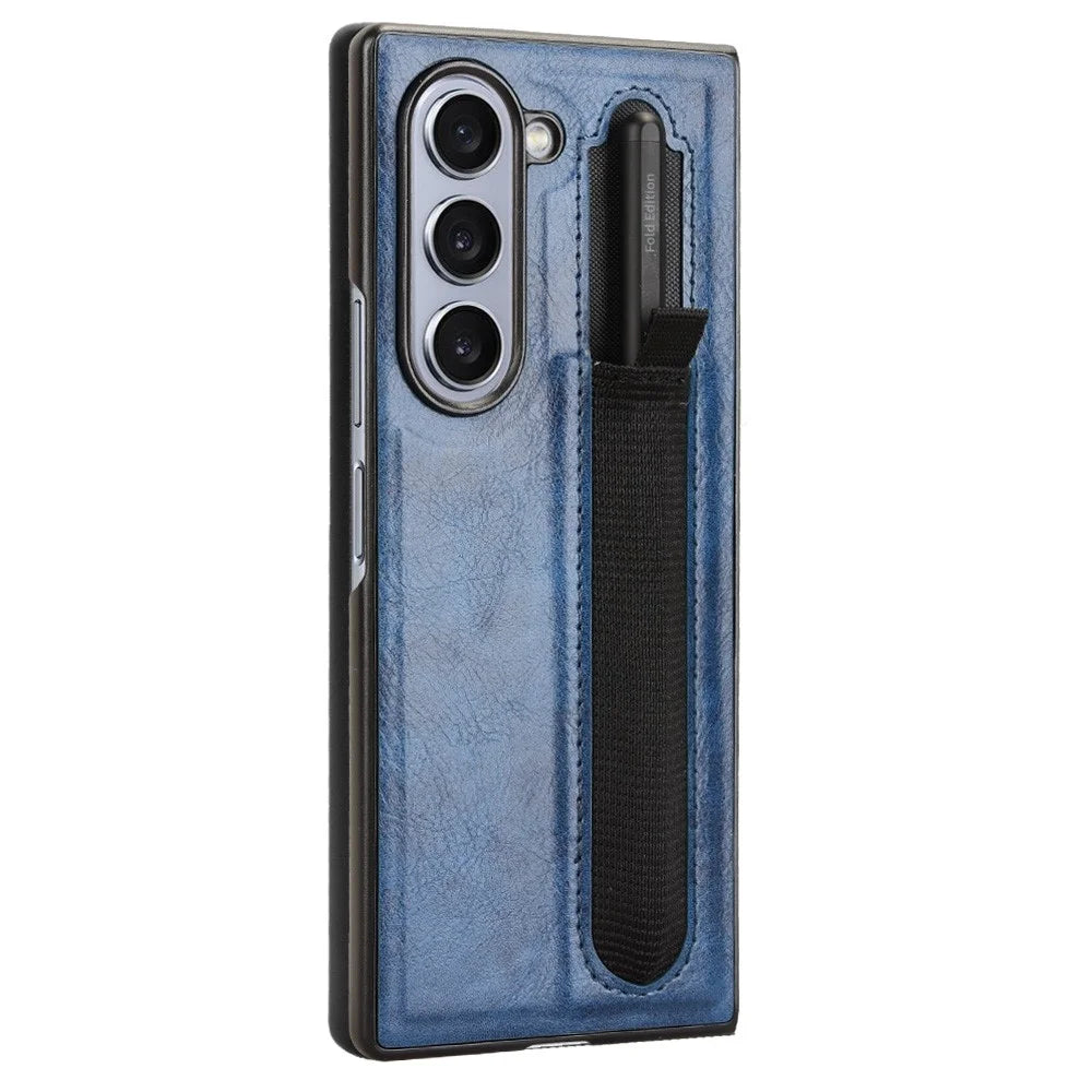 For Samsung Galaxy Z Fold6 5G Case Retro Leather Coated PC Phone Cover with Pens Slot - Blue - 3