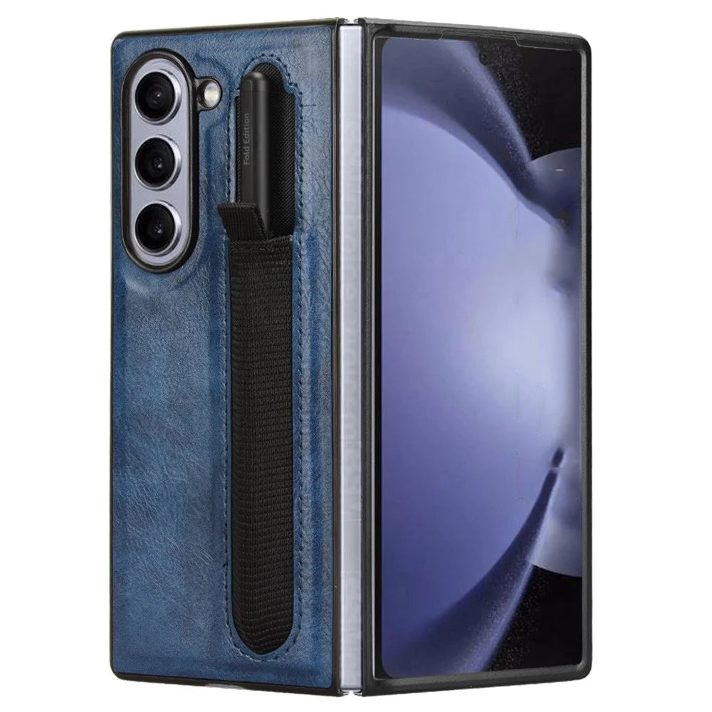 For Samsung Galaxy Z Fold6 5G Case Retro Leather Coated PC Phone Cover with Pens Slot - Blue - 4