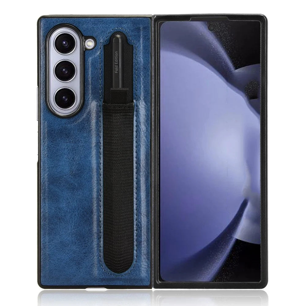 For Samsung Galaxy Z Fold6 5G Case Retro Leather Coated PC Phone Cover with Pens Slot - Blue - 5