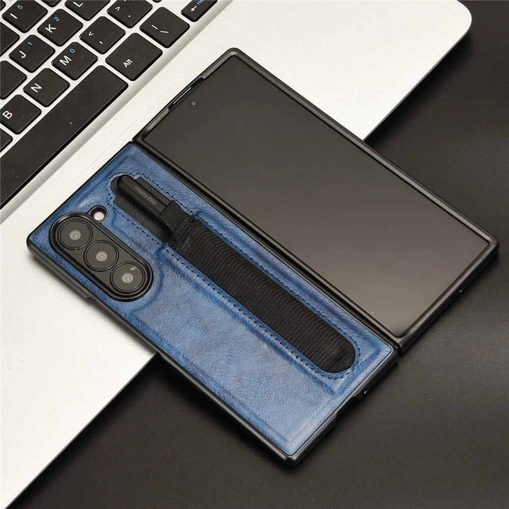 For Samsung Galaxy Z Fold6 5G Case Retro Leather Coated PC Phone Cover with Pens Slot - Blue - 7
