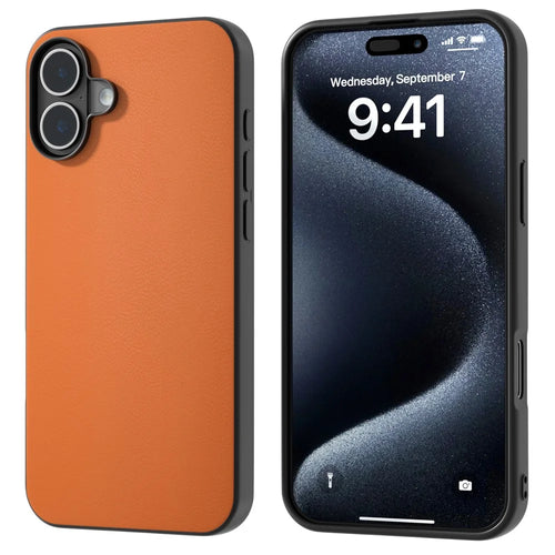 For iPhone 16 Plus Case Anti-Scratch Leather Coated TPU+PC Phone Cover - Orange - 1