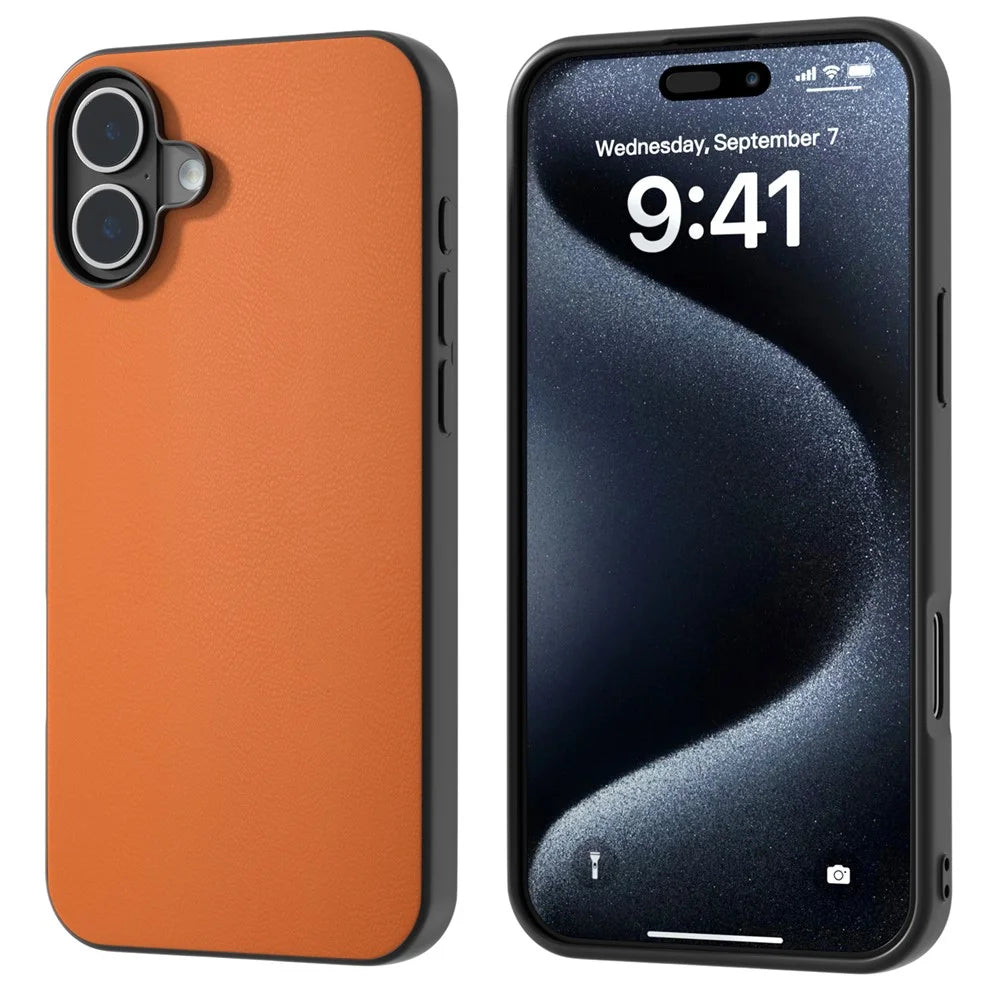 For iPhone 16 Plus Case Anti-Scratch Leather Coated TPU+PC Phone Cover - Orange - 1