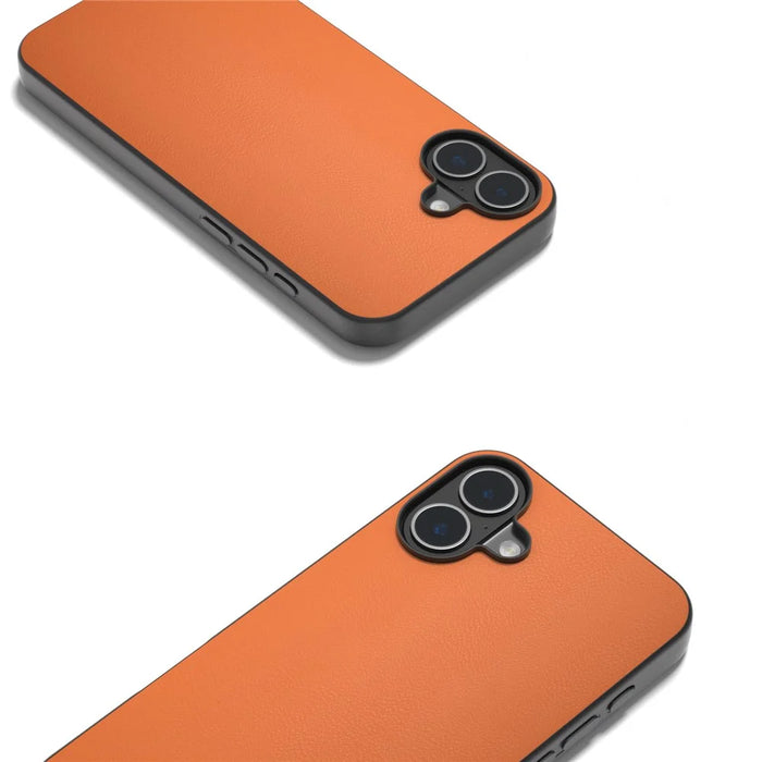 For iPhone 16 Plus Case Anti-Scratch Leather Coated TPU+PC Phone Cover - Orange - 4