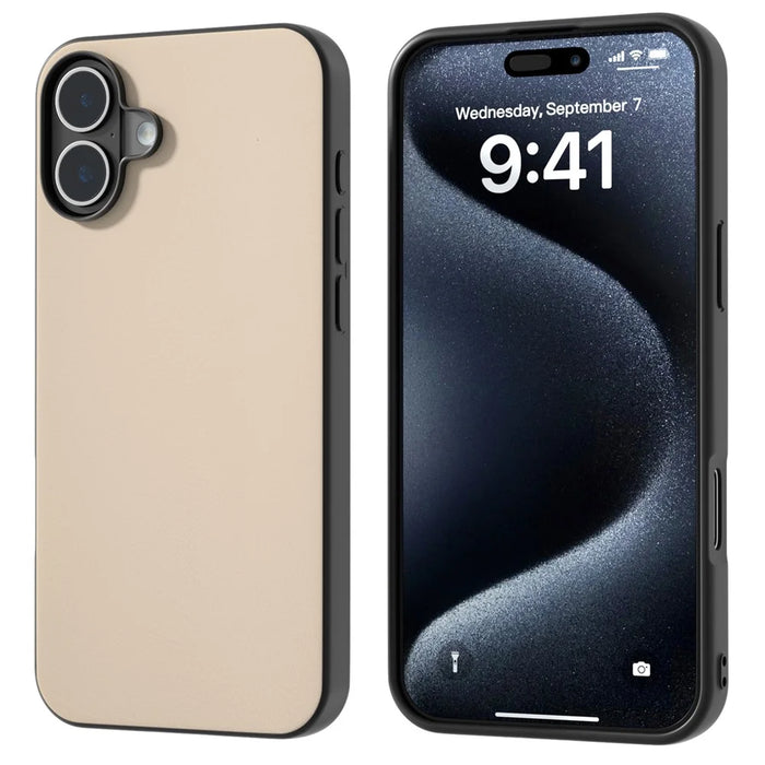 For iPhone 16 Case PU Leather Coated TPU+PC Phone Cover with Black Edge - Light Yellow - 1