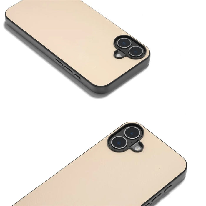 For iPhone 16 Case PU Leather Coated TPU+PC Phone Cover with Black Edge - Light Yellow - 4