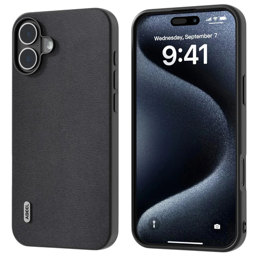 ABEEL For iPhone 16 Plus Case Genuine Cow Leather+PC+TPU Protective Phone Cover - Black - 1