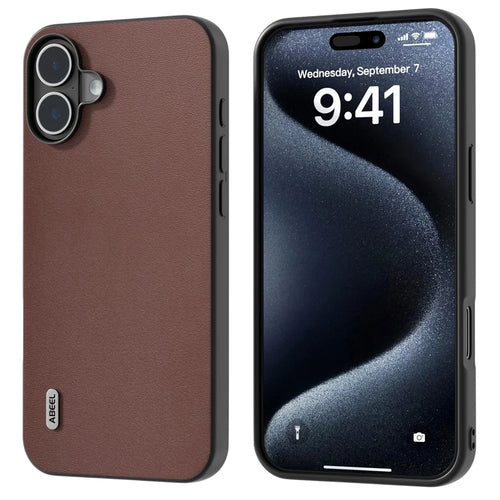ABEEL For iPhone 16 Case Genuine Cow Leather Coated PC+TPU Hybrid Phone Cover - Coffee - 1