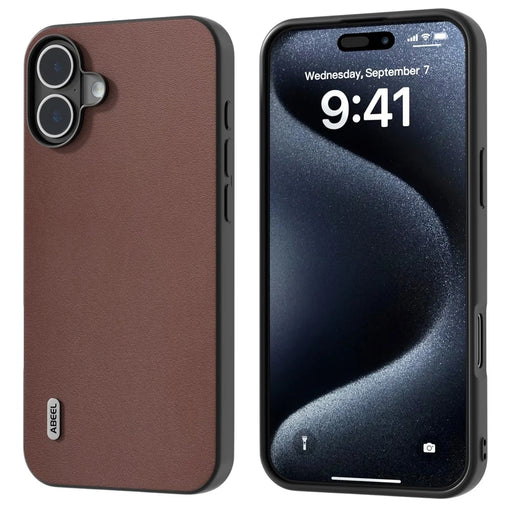 ABEEL For iPhone 16 Case Genuine Cow Leather Coated PC+TPU Hybrid Phone Cover - Coffee - 1