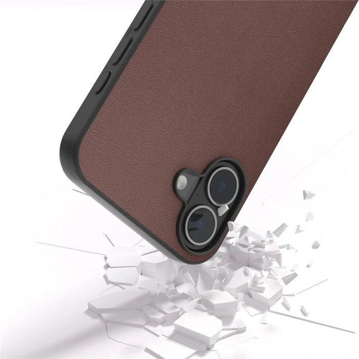 ABEEL For iPhone 16 Case Genuine Cow Leather Coated PC+TPU Hybrid Phone Cover - Coffee - 2