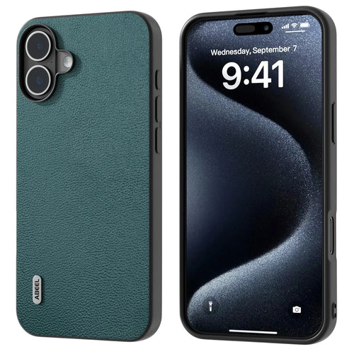 ABEEL For iPhone 16 Plus Case Genuine Cow Leather Coated PC+TPU Phone Cover - Midnight Green - 1
