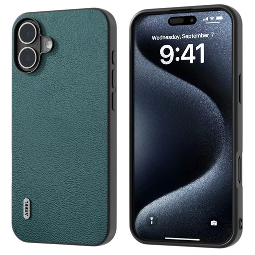 ABEEL For iPhone 16 Plus Case Genuine Cow Leather Coated PC+TPU Phone Cover - Midnight Green - 1