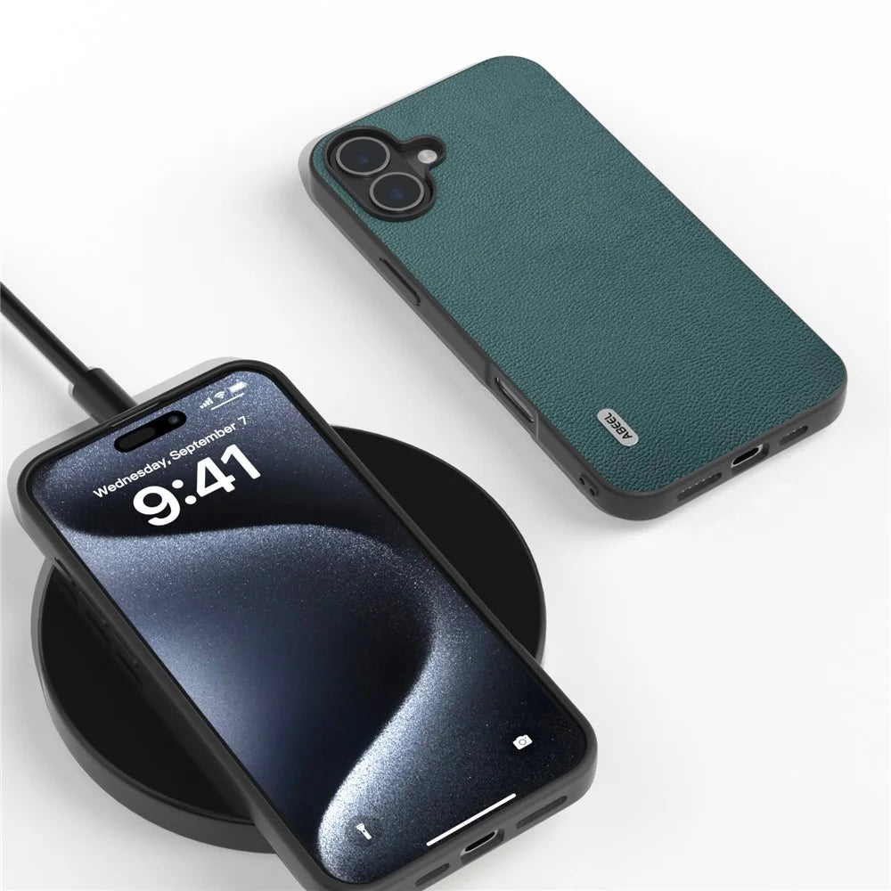ABEEL For iPhone 16 Plus Case Genuine Cow Leather Coated PC+TPU Phone Cover - Midnight Green - 3