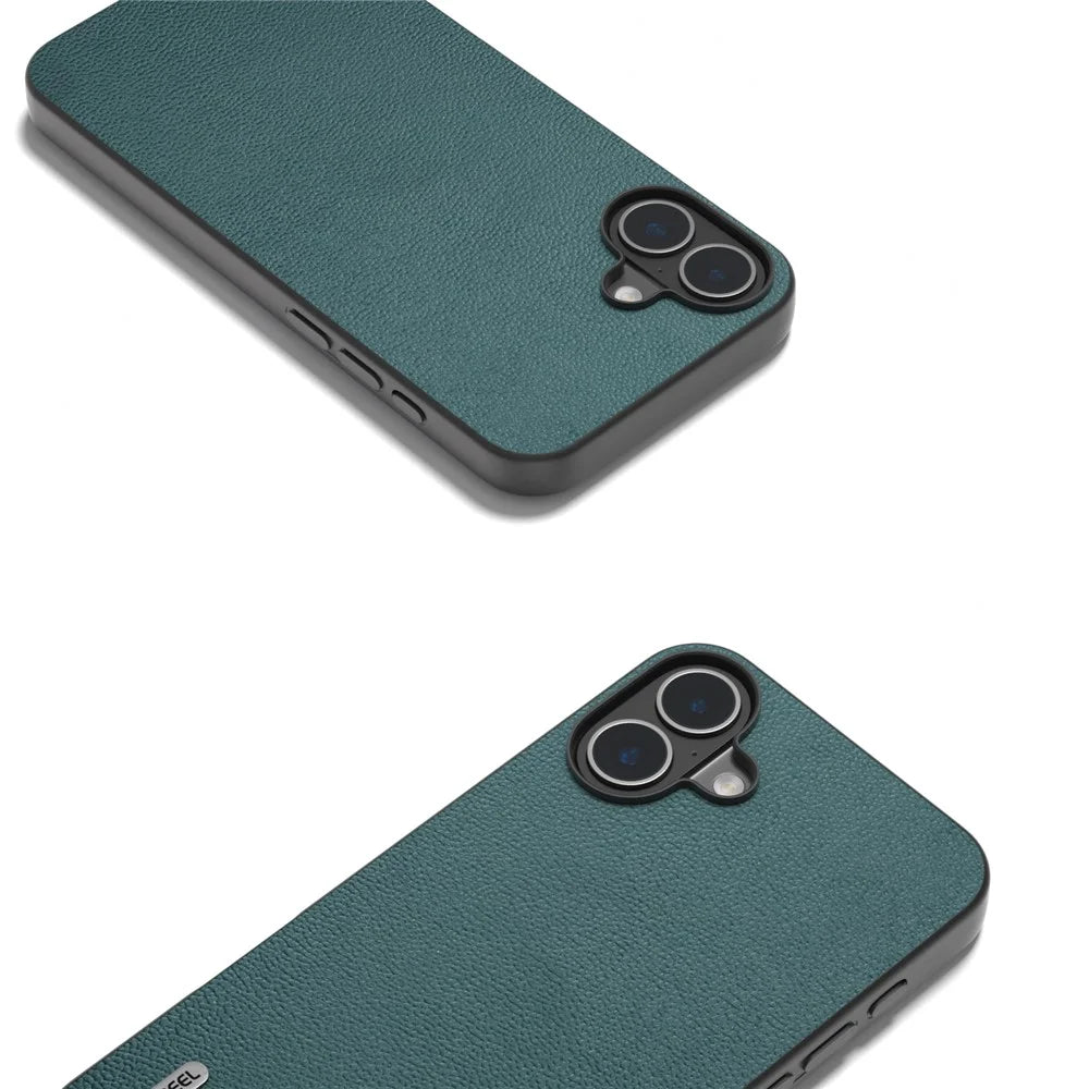 ABEEL For iPhone 16 Plus Case Genuine Cow Leather Coated PC+TPU Phone Cover - Midnight Green - 4