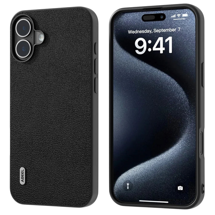 ABEEL For iPhone 16 Case Genuine Cow Leather+PC+TPU Anti-Scratch Phone Cover - Black - 1
