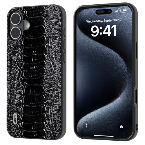 ABEEL For iPhone 16 Plus Case Genuine Cow Leather Back Phone Cover Crocodile Texture - Black - 1