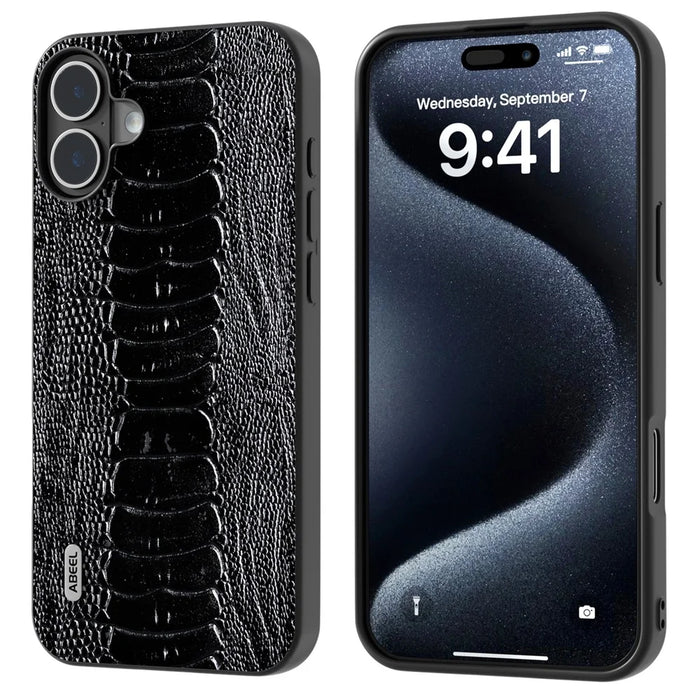 ABEEL For iPhone 16 Plus Case Genuine Cow Leather Back Phone Cover Crocodile Texture - Black - 1