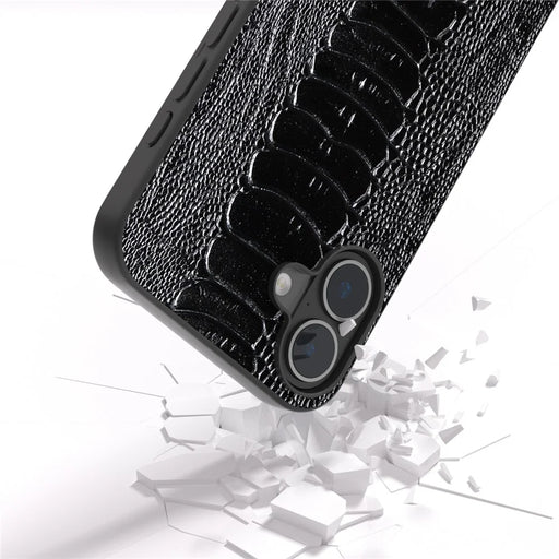 ABEEL For iPhone 16 Plus Case Genuine Cow Leather Back Phone Cover Crocodile Texture - Black - 2