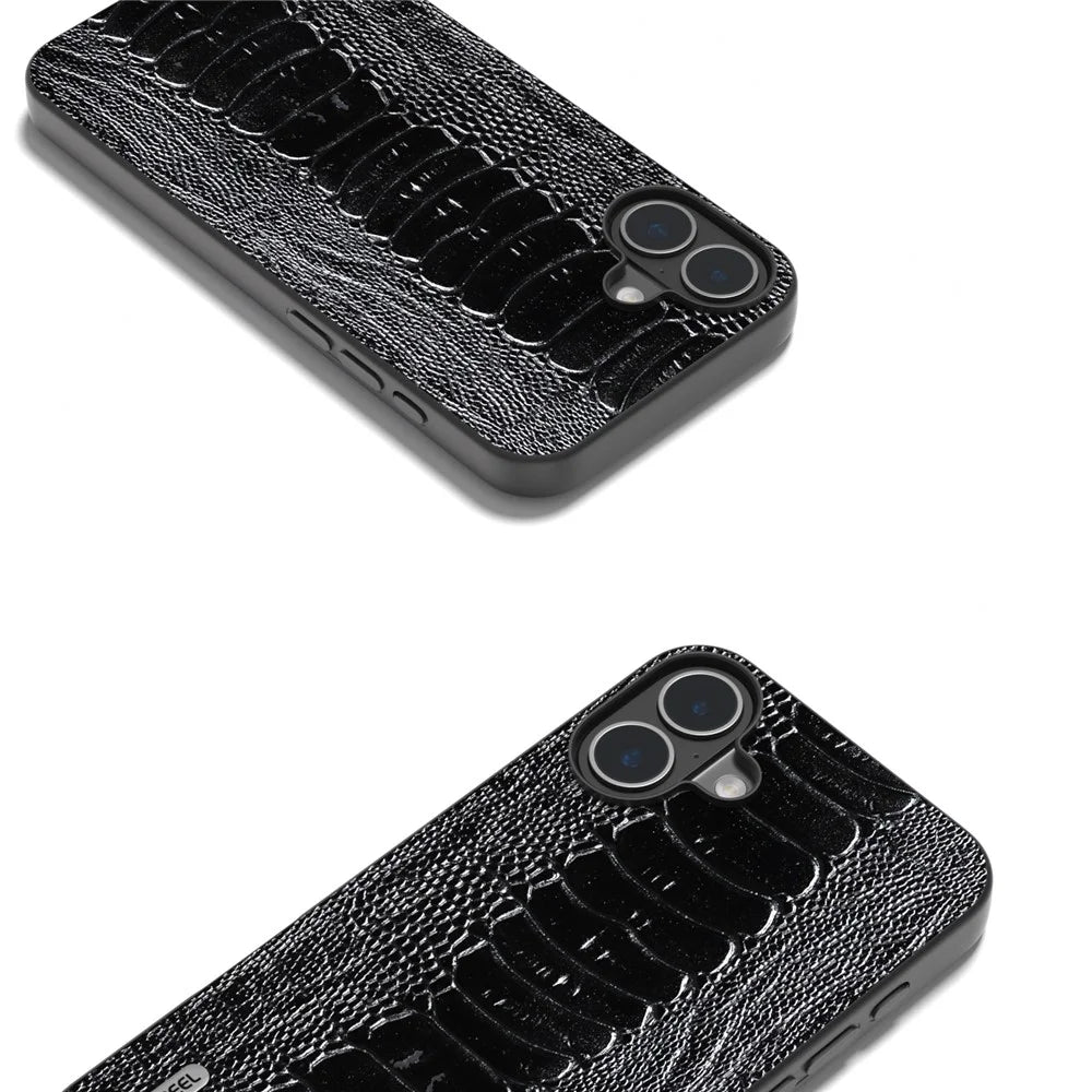 ABEEL For iPhone 16 Plus Case Genuine Cow Leather Back Phone Cover Crocodile Texture - Black - 4
