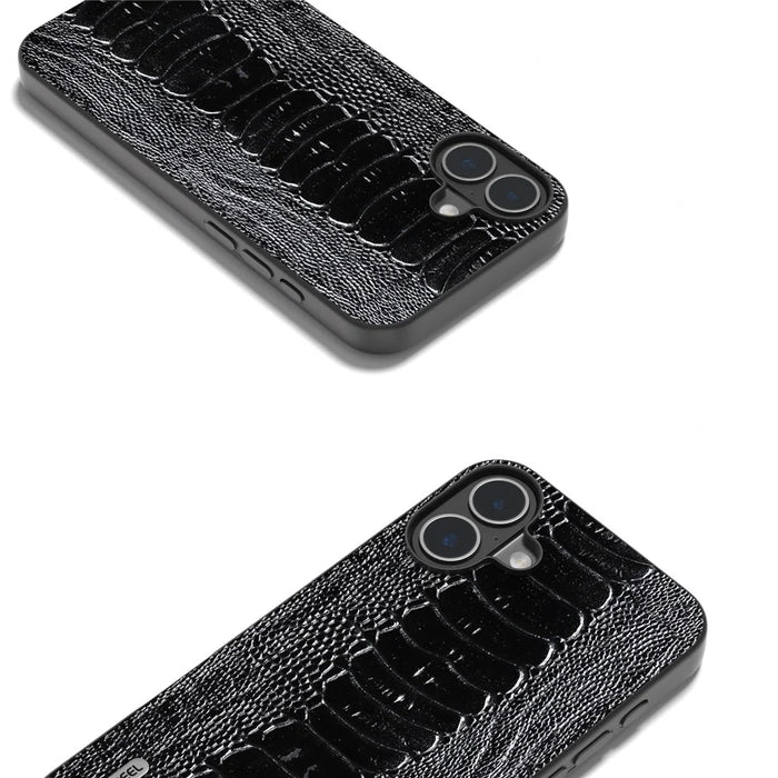 ABEEL For iPhone 16 Plus Case Genuine Cow Leather Back Phone Cover Crocodile Texture - Black - 4
