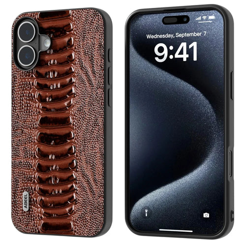 ABEEL For iPhone 16 Case Crocodile Texture Genuine Cow Leather Coated Phone Cover - Coffee - 1