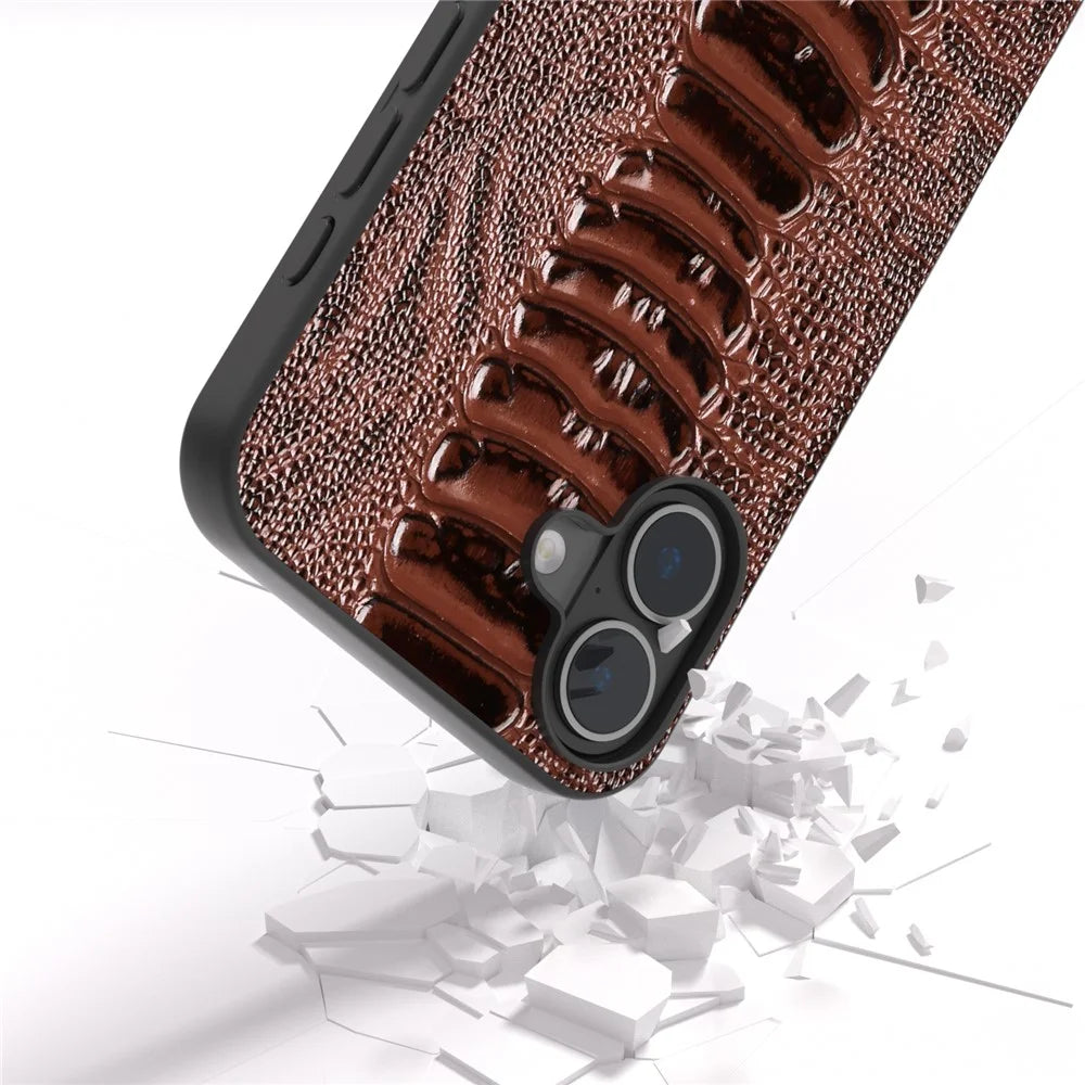 ABEEL For iPhone 16 Case Crocodile Texture Genuine Cow Leather Coated Phone Cover - Coffee - 2