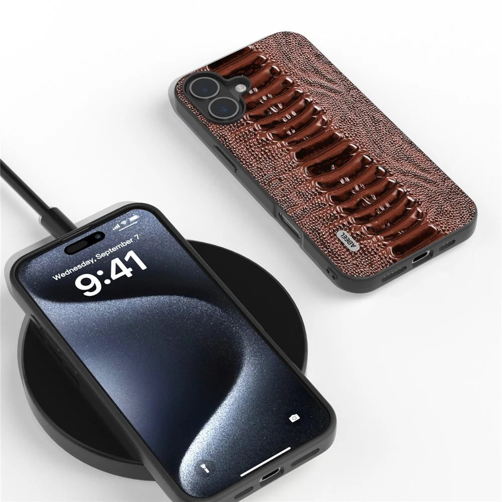 ABEEL For iPhone 16 Case Crocodile Texture Genuine Cow Leather Coated Phone Cover - Coffee - 3
