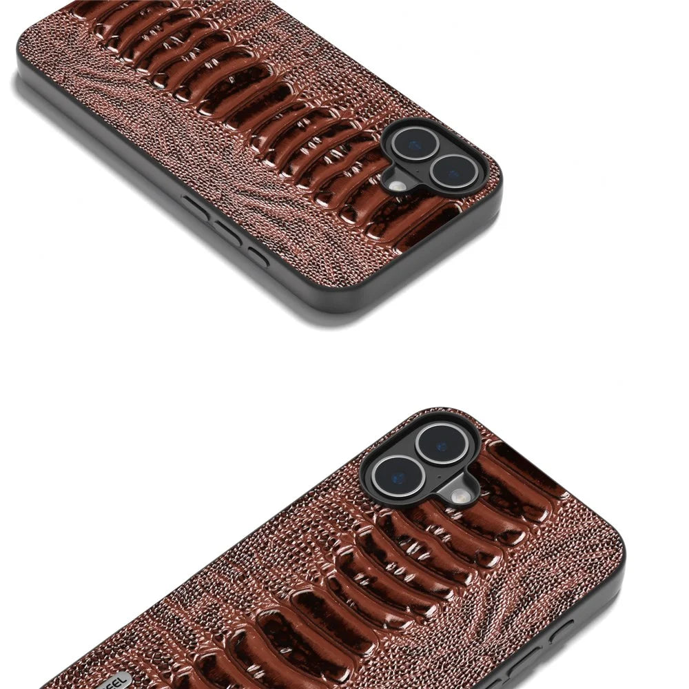 ABEEL For iPhone 16 Case Crocodile Texture Genuine Cow Leather Coated Phone Cover - Coffee - 4
