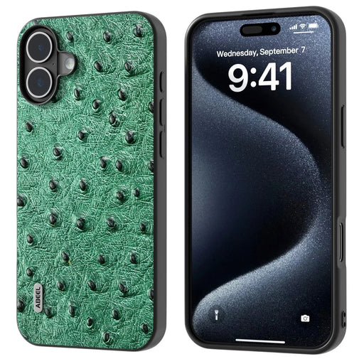 ABEEL For iPhone 16 Plus Case Ostrich Texture Genuine Cow Leather Back Phone Cover - Green - 1