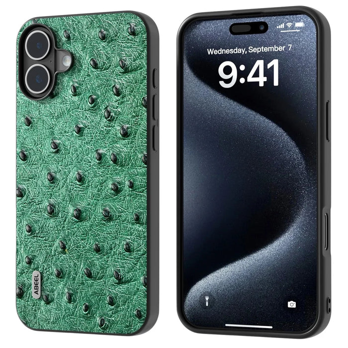 ABEEL For iPhone 16 Plus Case Ostrich Texture Genuine Cow Leather Back Phone Cover - Green - 1