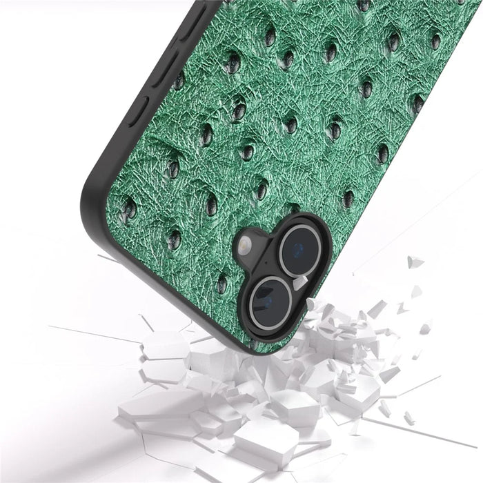 ABEEL For iPhone 16 Plus Case Ostrich Texture Genuine Cow Leather Back Phone Cover - Green - 2