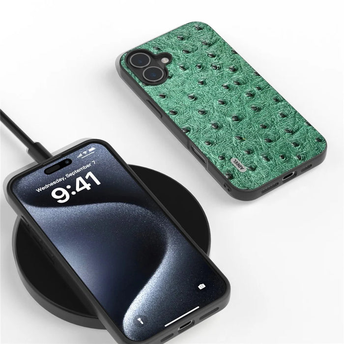 ABEEL For iPhone 16 Plus Case Ostrich Texture Genuine Cow Leather Back Phone Cover - Green - 3