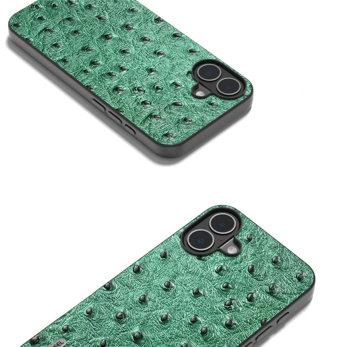 ABEEL For iPhone 16 Plus Case Ostrich Texture Genuine Cow Leather Back Phone Cover - Green - 4