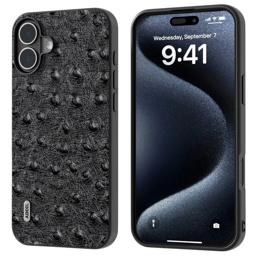 ABEEL For iPhone 16 Case Genuine Cow Leather+PC+TPU Phone Cover Ostrich Texture - Black - 1