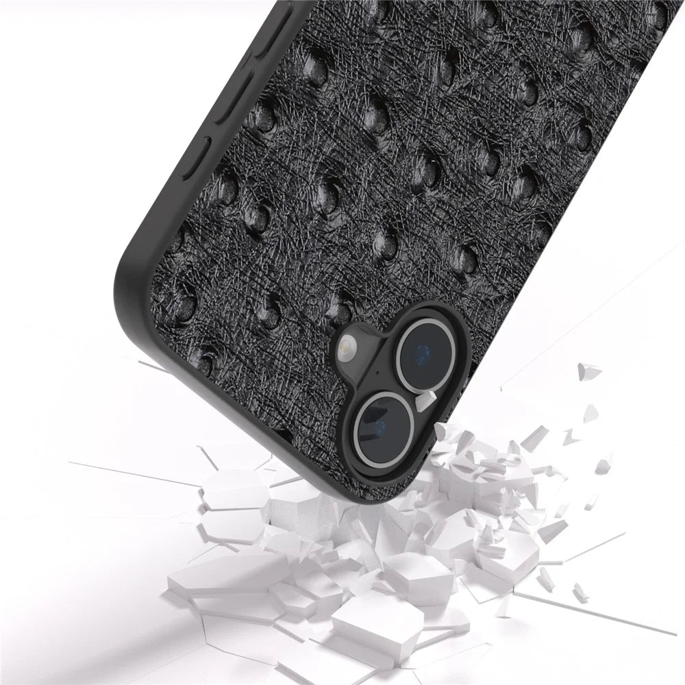 ABEEL For iPhone 16 Case Genuine Cow Leather+PC+TPU Phone Cover Ostrich Texture - Black - 2