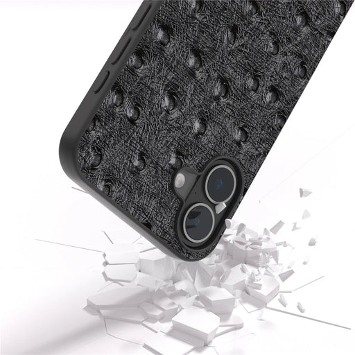 ABEEL For iPhone 16 Case Genuine Cow Leather+PC+TPU Phone Cover Ostrich Texture - Black - 2