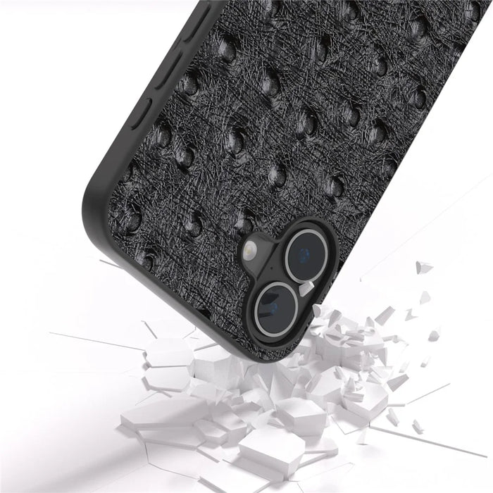 ABEEL For iPhone 16 Case Genuine Cow Leather+PC+TPU Phone Cover Ostrich Texture - Black - 2