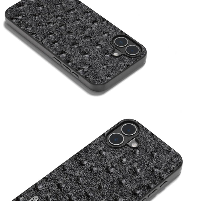 ABEEL For iPhone 16 Case Genuine Cow Leather+PC+TPU Phone Cover Ostrich Texture - Black - 4