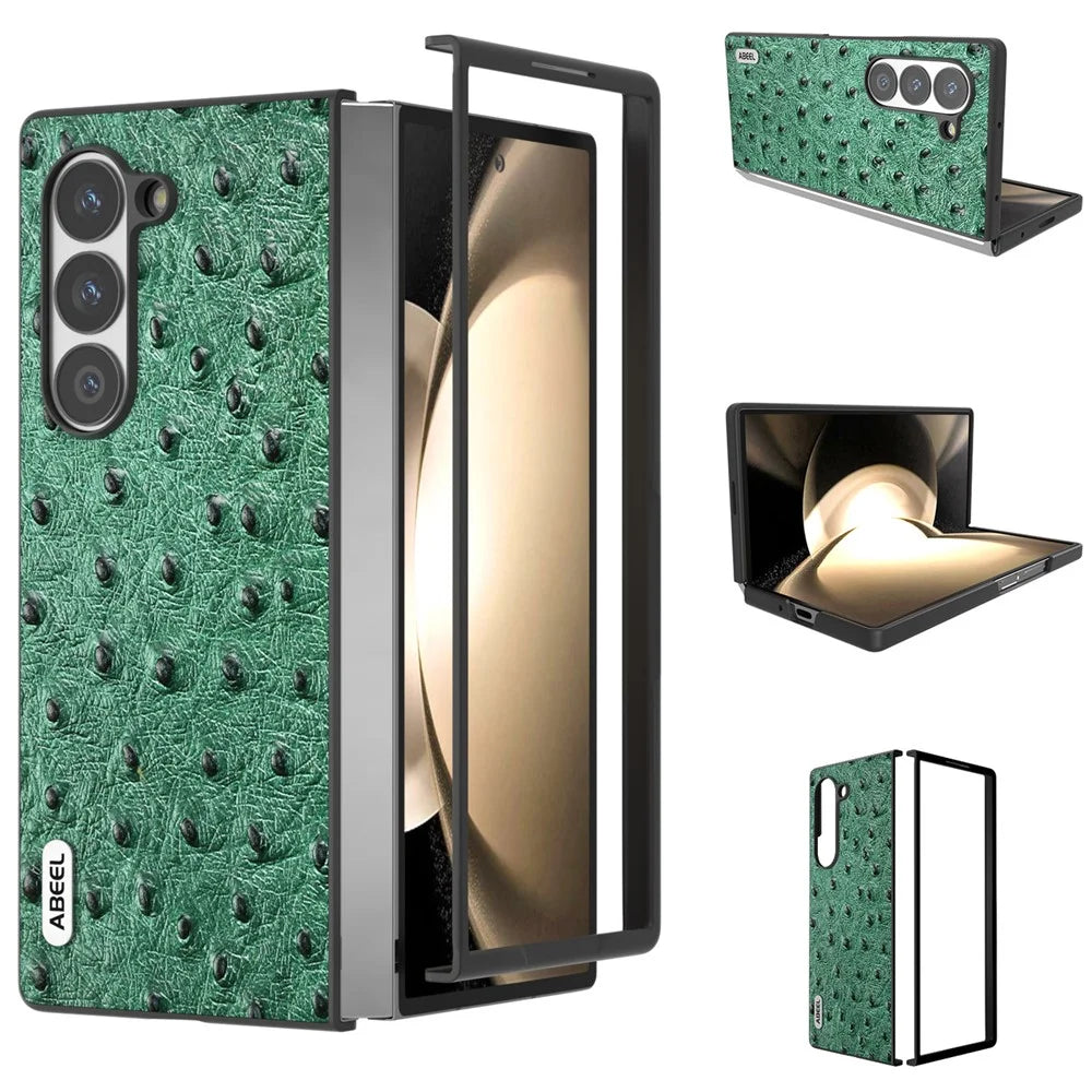 ABEEL For Samsung Galaxy Z Fold6 5G Case Genuine Cow Leather+PC Cover Ostrich Texture - Green - 1