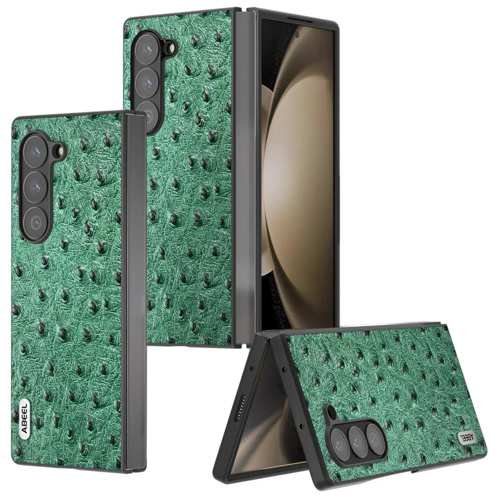 ABEEL For Samsung Galaxy Z Fold6 5G Case Genuine Cow Leather+PC Cover Ostrich Texture - Green - 5