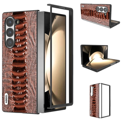 ABEEL For Samsung Galaxy Z Fold6 5G Case Crocodile Texture Genuine Cow Leather Back Cover - Coffee - 1