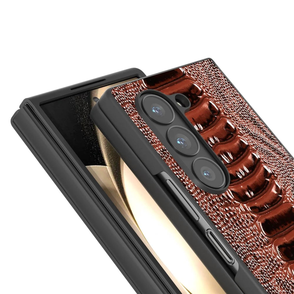 ABEEL For Samsung Galaxy Z Fold6 5G Case Crocodile Texture Genuine Cow Leather Back Cover - Coffee - 2