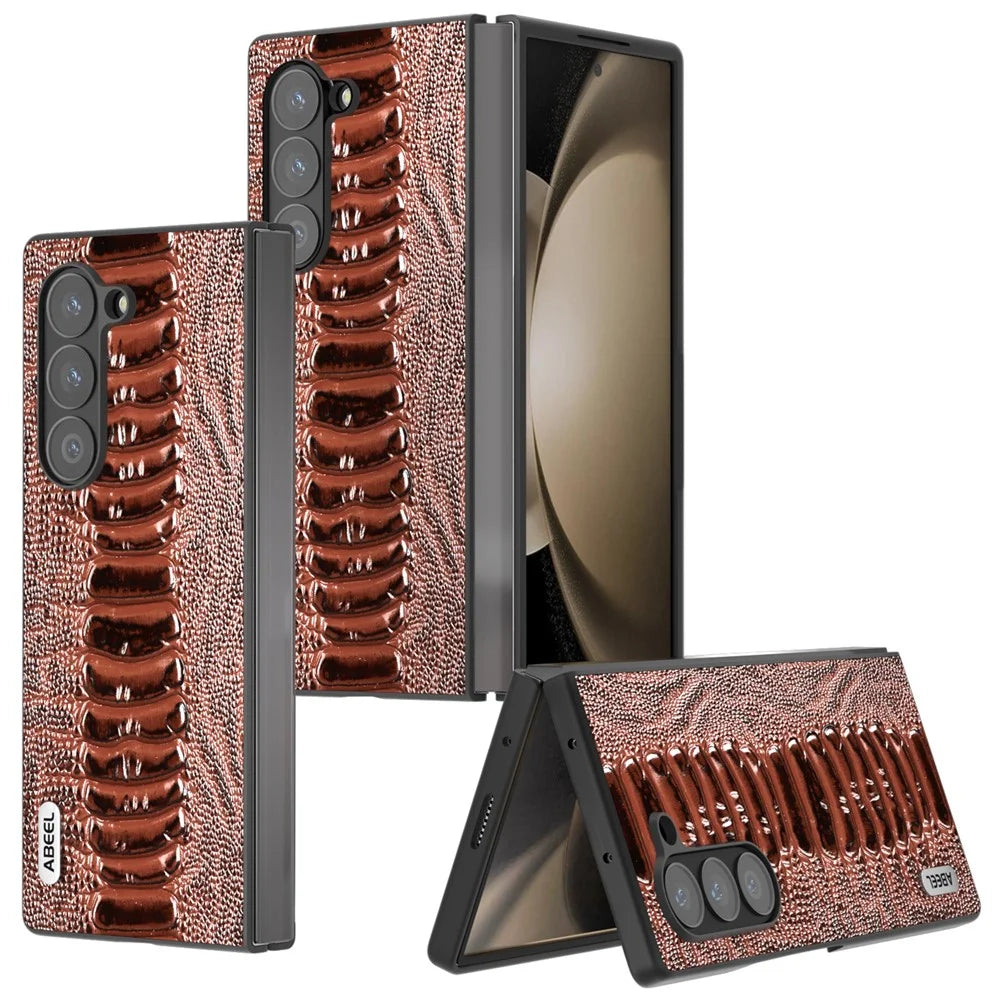 ABEEL For Samsung Galaxy Z Fold6 5G Case Crocodile Texture Genuine Cow Leather Back Cover - Coffee - 5