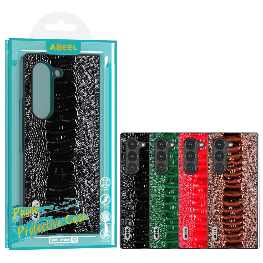 ABEEL For Samsung Galaxy Z Fold6 5G Case Crocodile Texture Genuine Cow Leather Back Cover - Coffee - 6