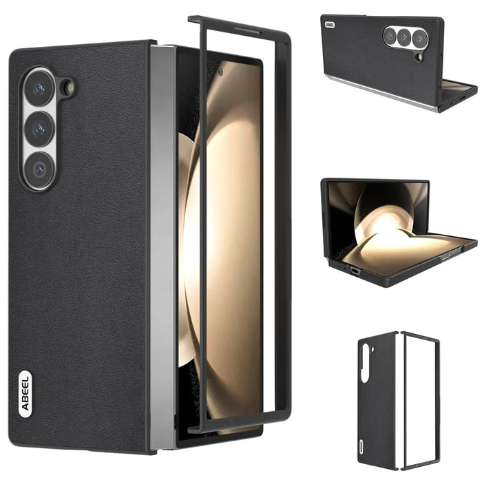 ABEEL For Samsung Galaxy Z Fold6 5G Case Genuine Cow Leather+PC Phone Cover - Black - 1