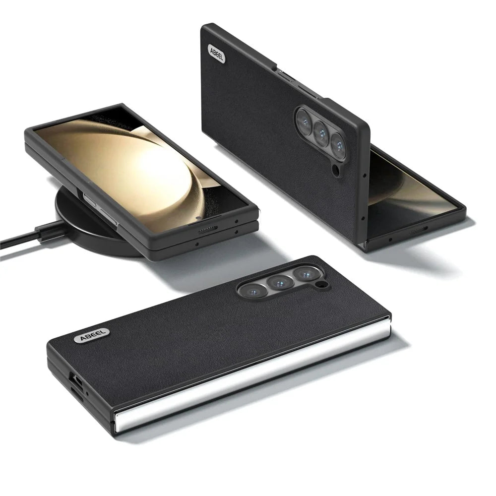 ABEEL For Samsung Galaxy Z Fold6 5G Case Genuine Cow Leather+PC Phone Cover - Black - 3