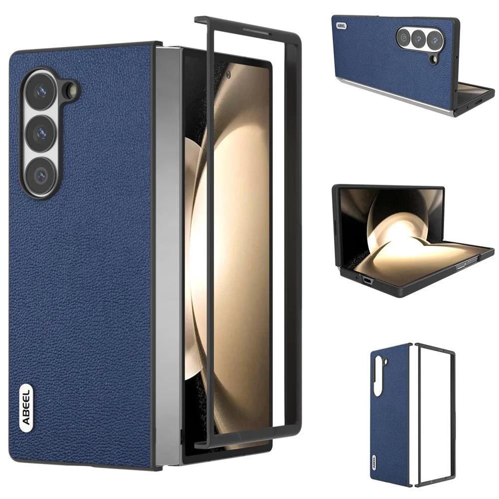 ABEEL For Samsung Galaxy Z Fold6 5G Case Genuine Cow Leather+PC Folding Phone Cover - Blue - 1